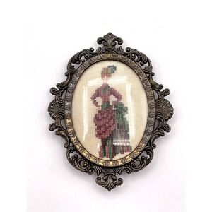 Vintage Ornate Oval Hanging Frame Needlepoint Lady Victorian Style Decor 5" x 4"